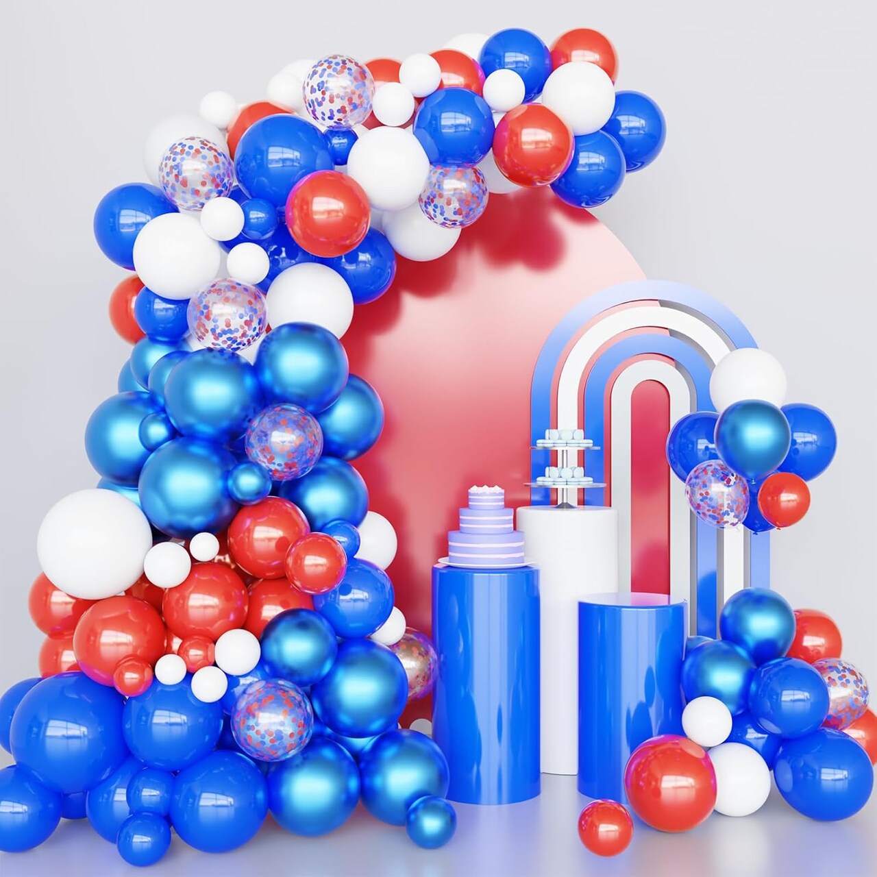 Different Size Red White and Blue Balloons Garland Arch Kit with Confetti Balloons for 4th of July